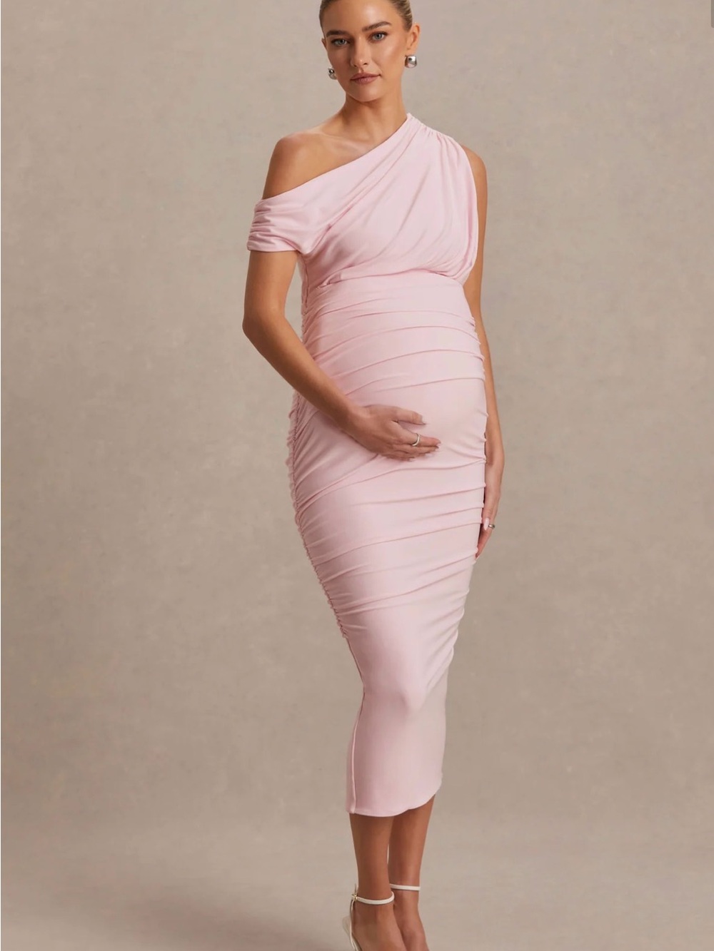 Club L London Blush One-Shoulder Ruched Maternity Dress